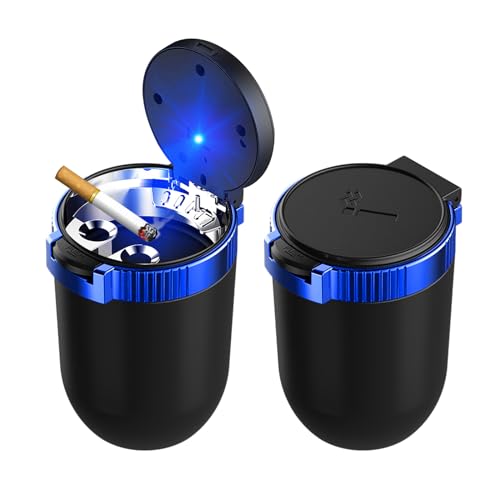 Image of Dickno 2 PCS Car Ashtray with Lid, Detachable Stainless Smokeless Auto Ashtray, Portable Mini Vehicle Trash Can with LED Blue Light, Universal Interior Accessories for Cup Holder (Blue)