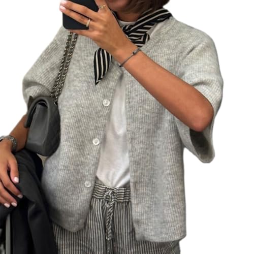 ICNGLKSND Women's Short Sleeve Cardigan Button Down Open Front Crewneck Sweaters Knit Solid Crop Tops