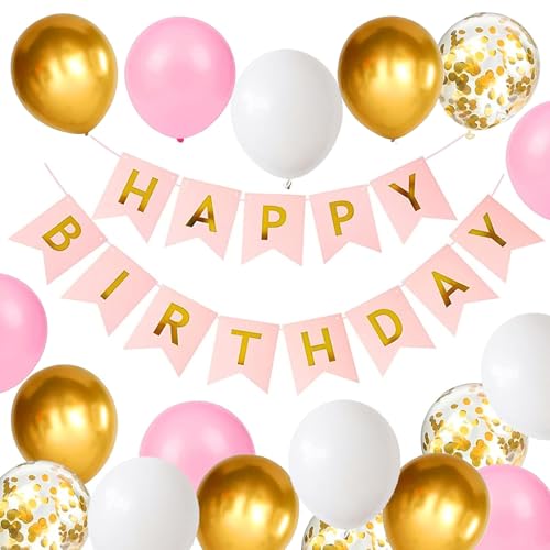 Luftballons Geburtstag Dekoration Set, rosa weiße Gold Geburtstagsdeko Happy Birthday deko Banner Party Deko Geburtstag Set mit 16pcs rosa weiße Gold Latex Luftballons Konfetti Ballons（rosa+Gd)