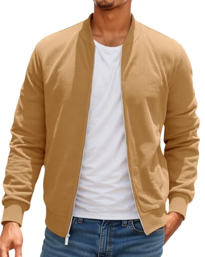 Runcati Mens Corduroy Bomber Jacket Lightweight Zip Up Casual Vintage Fall Varsity Jacket with Pockets