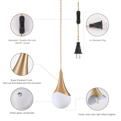 Image of MWZ Gold Plug in Pendant Light,Hanging Lights with Plug in Cord On /Off Switch, Mini Brass Pendant Lights for Kitchen Island,1-Light Modern Raindrop Chandelier Lamps with Milky White Globe Glass Shade