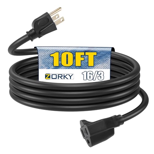 Image of 10ft Outdoor Extension Cord - 16 /3 Heavy Duty SJTW Waterproof Black Electrical Cable with 3 Prong Grounded Plug for Safety, Great for Lawn and Major Appliances