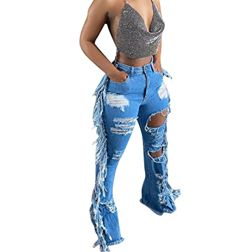 DGHM-JLMY Women's Ripped Fringed Denim Trousers Casual Side Tassel Long Denim Pants Skinny Frayed Destroyed Jeans Stretch3