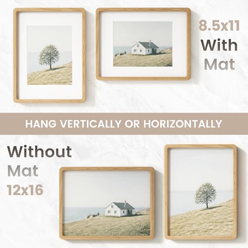 Image of 12x16 Picture Frame, USA-Sourced Natural Oak Wood Photo Collage Frame with HD Tempered Glass, 12 x 16 Wooden Frame Matted to 8.5x11, Vertical & Horizontal Wall Hanging Display