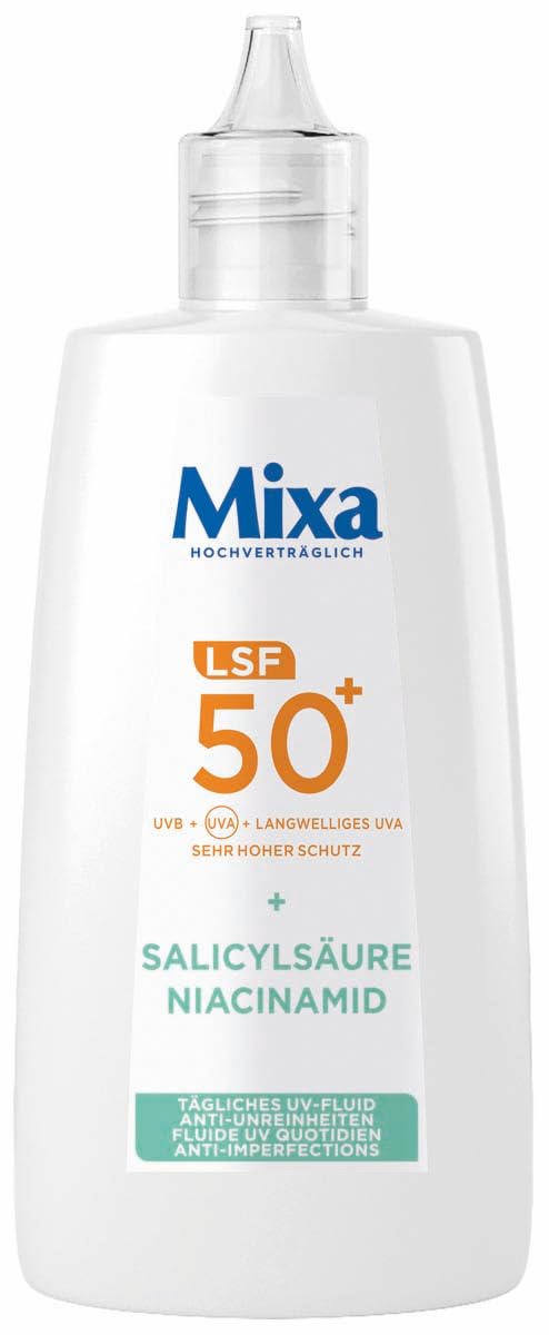 Mixa Tägliches UV-Fluid LSF50+ Anti-Unreinheiten, Hoher Schutz gegen UV-Strahlung, Verringert Unreinheiten um bis zu 66%, 40ml
