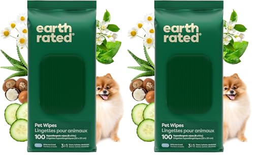 Image of Earth Rated Pet Wipes for Dogs and Cats, Hypoallergenic, 3-in-1 Cleaning, Deodorizing and Hydrating, for Grooming Paws, Body and Butt, New White Tea and Basil Scent, 100 Count (Pack of 2)