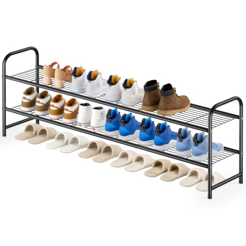Image of KEETDY 2-Tier Long Shoe Rack for Closet Metal Shoe Organizer for Entryway, Wide Stackable Shoe Storage Shelf with Sturdy Wire Grid for Closet Floor, Bedroom, Black