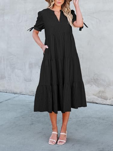 Image of Theenkoln Womens Casual Midi Dress: Short Sleeve V-Neck Empire Waist Gingham Spring Fashion Long Trendy Tiered Formal Dresses