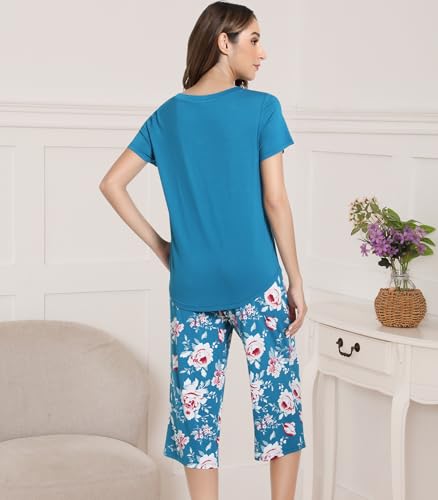 Image of NACHILA Bamboo Viscose Pajamas for Women Lace V Neck Capri Pants Pjs Set