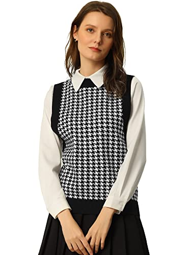 Allegra K Women's Round Neck Vest Sleeveless Houndstooth Plaid Knitted Sweater