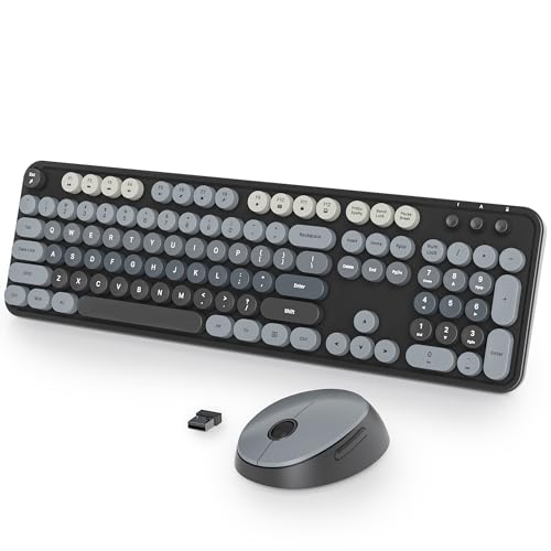 Image of Fogruaden Black Keyboard and Mouse Wireless, Retro Typewriter Keyboard, 2.4GHz 104 Keys Full Size Cute Keyboard with Number Pad, Gradient Colorful Round Keycaps for Windows PC Desktops Laptop