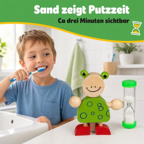 MIJOMA Zahnbürstenhalter aus Holz mit Sanduhr – lustige Tierfiguren, ca. 8x8,5 cm – spielerisches Zähneputzen, 3 Minuten Timer, pädagogisch & dekorativ (Frosch Grün)