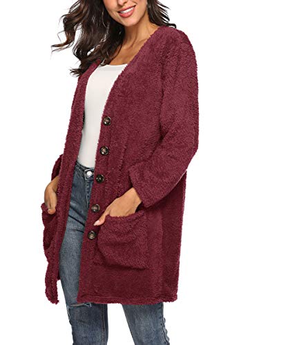 Dreamskull Women's Casual Fleece Warm Long Sleeve Open Front Faux Shearling Plush Long Cardigan Outwear with Pockets4