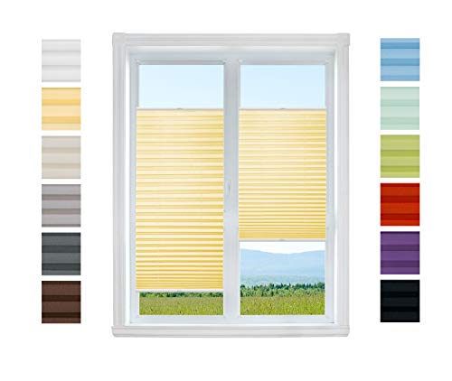 Plissee Rollo NACH MAß Klemmfix ohne Bohren - TOP QUALITÄT Pearl Stoffkollektion | Easyfix klemmträger Faltrollo Jalousie Sichtschutz, Sonnenschutz für Fenster (Gelb, B: 51-60cm, H: 111-130cm)