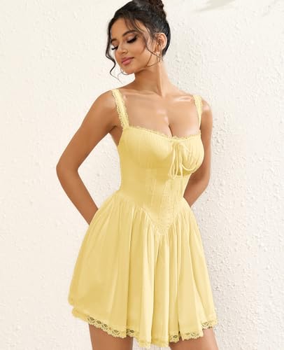 Image of Womens Summer Floral Mini Dress Square Neck Tie Front Lace Spliced Ruched Backless Casual Party Graduation Short Dresses