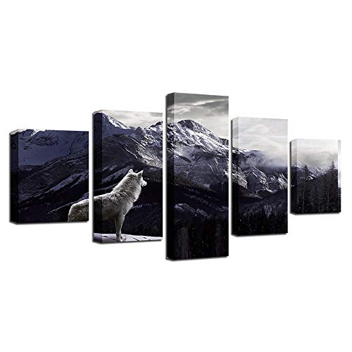 Tableau loup toile intissée 5 pièces pour habiller un grand mur vide avec un motif moderne