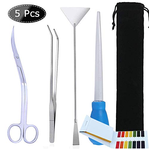 ACEONE Aquascaping Tools, 5 in 1 Stainless Steel Aquarium Tool Set with Wave Scissors, Tweezers, Spatula, Squirt Feeder, PH Tester for Fish Tank Aquatic Plant
