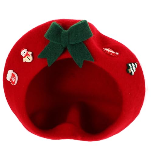 BESPORTBLE Christmas Beret Hat for Women and Wool Felt Bowknot Warm Artist Cap Holiday Fashion Winter Headwear Red