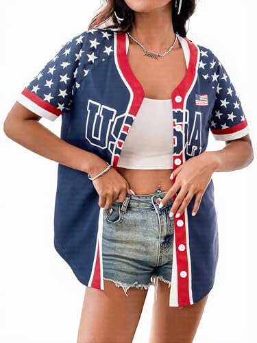 JINTING Womens 250th Anniversary USA Jerseys - 4th of July Button Down American Flag and Star Patriotic Baseball Shirt