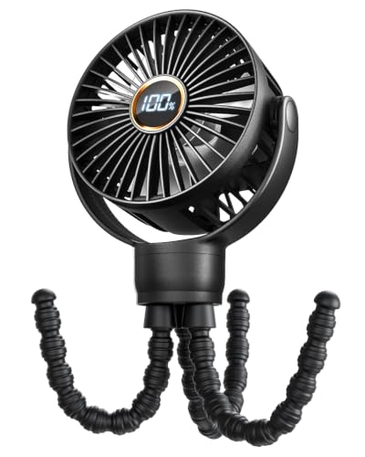 Image of TUNISE Stroller Fan: Rechargeable with TYPE-C Port, 4000mAh, 360° Rotatable, 3-Speed, Flexible Tripod, Clip Anywhere for Baby's Comfort - Durable and Easy to Clean, Black