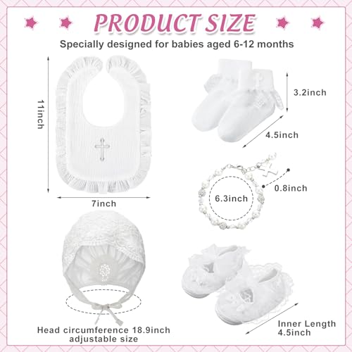 5 Pcs Christening Bib for Baby Girl White Baptism Bib Christening Socks Shoes Baby Bonnet Lace Hat Cross Charm Bracelet Baptism Outfits for Toddler Infant First Communion Gift3
