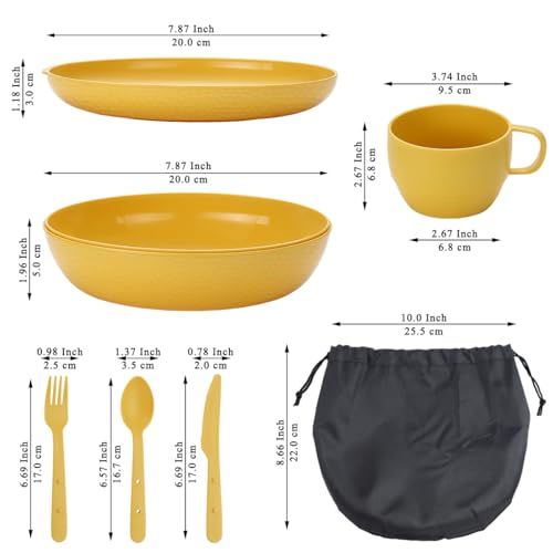 Berglander Camping Mess Kit with Bowl, Plate, Cup, Spoon, Fork, Knife and Carry Bag, Save Space, Easy to Carry, Plastic Camping Essentials Utensils for Travel, Picnic, Outdoor (Gold Yellow)
