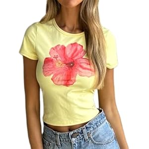 Women Y2k Retro Graphic Print Baby Tees Short Sleeve Crop Tops Slim Fit Vintage T Shirts Grunge Aesthetic Streetwear