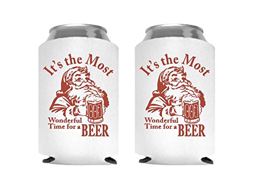 Funny Christmas Santa Beer Can Cooler Stocking Stuffer Party Favor Gift for Men Adult- Set of 2 (Its The Most Wonderful Time for a Beer)