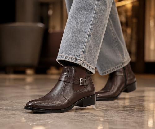 Image of Kraasa Men's Synthetic Leather Ankle Boots with Side Buckle Strap, Elastic Panel & Durable TPR Sole Casual & Formal Wear Boot