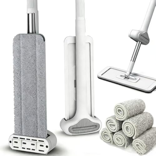 360 Hands-Free Self Wringing Floor Cleaning Mop, Flat Mop - Microfiber with 6 x Washable Pads, Hand Washing Free for Hardwood and Window, White