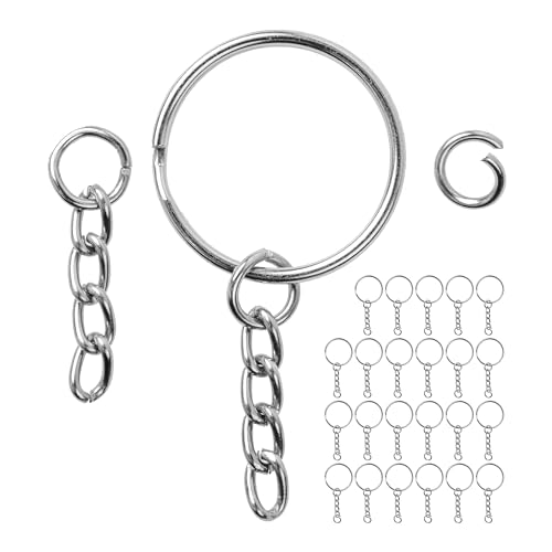 Schlüsselringe mit Gliederkette und Biegering, 24 Pack, in Silber-farben, Ø 25 mm Schlüsselring, 27 mm lange abnehmbare Kette mit offenem Ring, für Schlüsselanhänger, Schmuckherstellung, Basteln, DIY