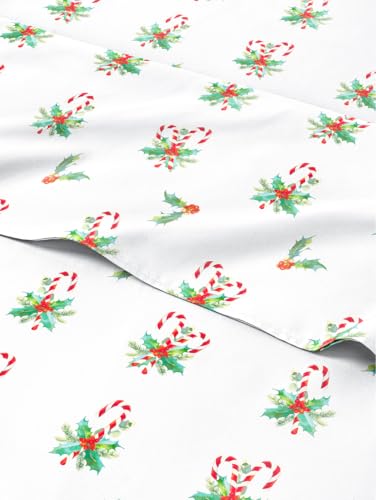 King Candy Cane Mistletoe Sheet Set - Holiday Xmas Pattern Bedding Set - Deep Pockets - Snug Fit - 4PC - Wrinkle Free & Easy Fit - Cozy Festive Winter - Holiday Sheets for Women, Men, Kids & Teens