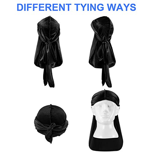 2 Pieces Velvet Baby Durags Kids Durag Caps 360 Wave Wide Strap Headwraps Long Tail Turban Beanies For Boys Girls (Black, Royal Blue) #TOP3