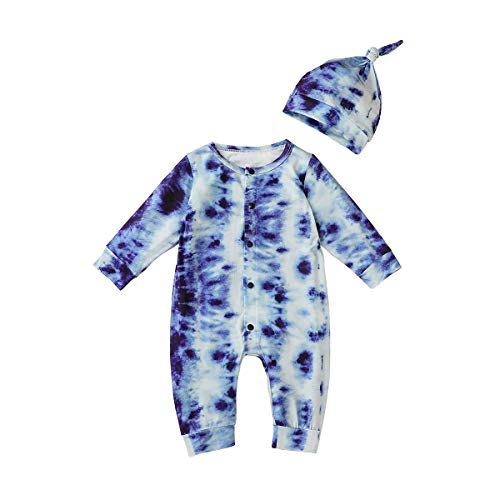 Newborn Baby Boy Girl Long Sleeve Tie Dye Romper Button Jumpsuit Bodysuit One Piece Ribbed Outfits Summer Fall Pajamas Set Sleepwear Nightwear Homewear Clothes with Hat 2PCS Set Dark Blue 0-3 Months