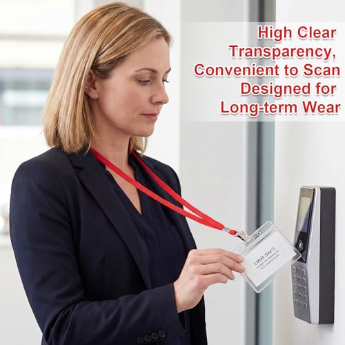 Image of Marspark 10 Sets 4 inchx3 inch Name Badge Holder with Lanyard Bulk, Red | Waterproof Reusable Plastic with Clip, ID Badges Business School Conference Use, Lanyard Strap for Employees Students Events