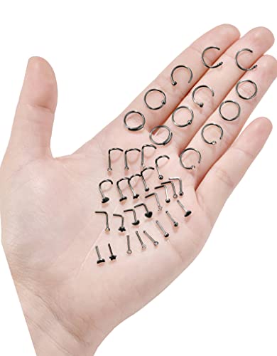 Tornito 20G 36Pcs Stainless Steel L Bone Screw Shaped Nose Ring Cz Nose Stud Retainer Labret Nose Piercing Jewelry For Women Men Black Tone #TOP5
