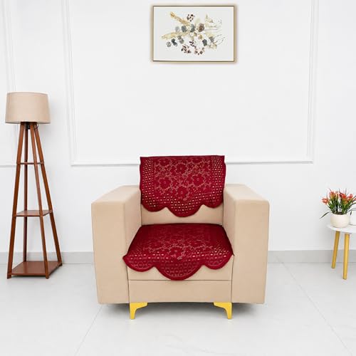 Image of Homerz Premium 'Surya Series' Sofa Cover | Stylish Sofa Protector | Net Fabric | Anti-Stain & Washable Slip Cover Exact Size Antislip (Flower Valley Maroon, 1 Seater, Seat Cover with Backrest)