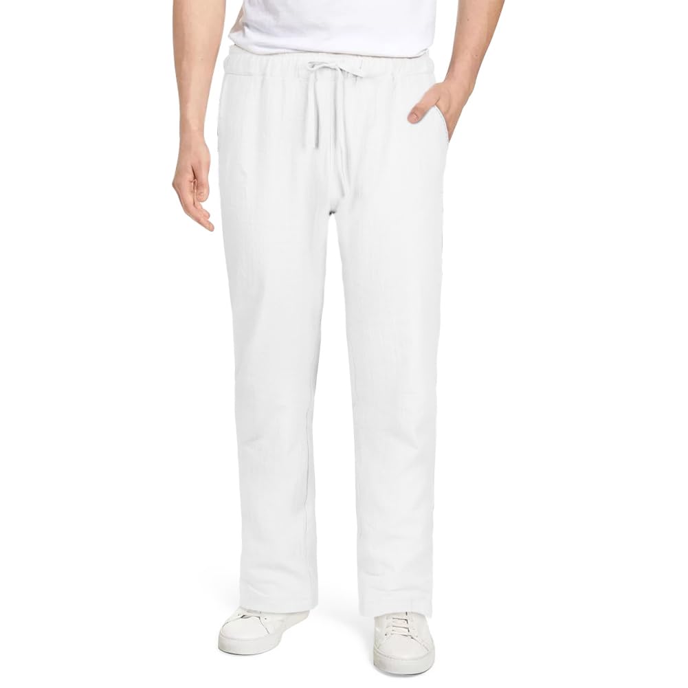 AUYAO Herren Baumwolle Sommerhose Lang Leichte Loosehose mit Taschen Kordelzug für Urlaub Strand Yoga Gehen Alltag - Weißhose Khaki Hosen M~XL