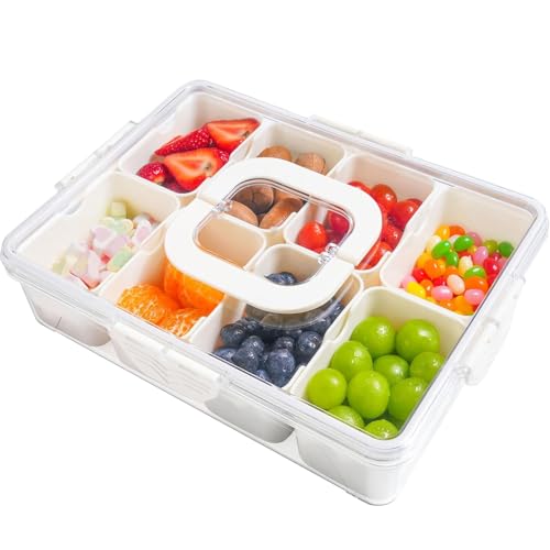 FLYGRRIV Snackbox mit 8 Fächern, Snackteller mit Deckel und Griffen, Snackdose für Snacks kinder, Süßigkeiten, Kekse, Nüsse, Obst - Ideal für Picknicks, Partys, Schulen
