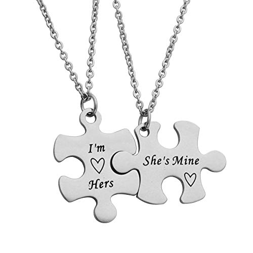 Beeshion Gay Couple Gift Puzzle Necklace Set Gay Couple Necklaces Gay Couples Jewelry LGBT Necklace Set Wedding Gift (I'm Hers She's Mine)