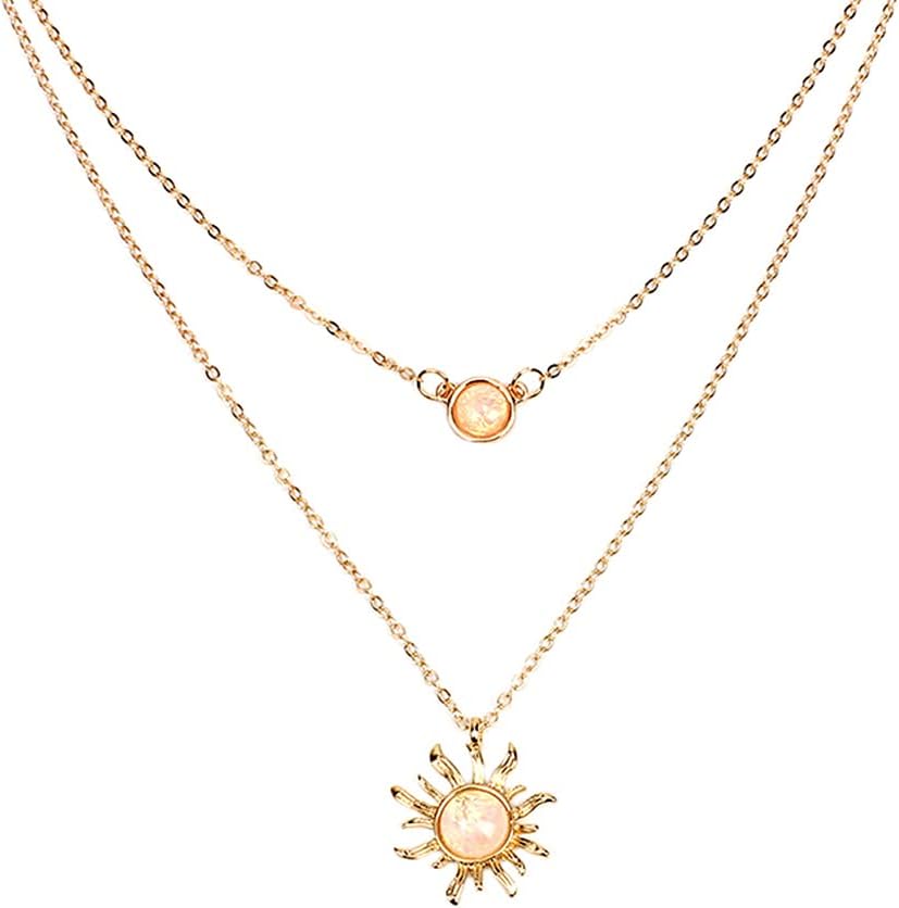 Sun and Moon Layered Necklaces for Women Gold Plated Double Chain Moon and Sun Sunflower Opal Pendant Choker Necklaces Boho Multilayer Simple Jewelry Necklace for Women Girls Gifts