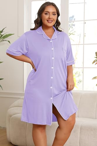 Image of Vozanet Women Button Down Nightgown Plus Size Nursing Nightshirt Boyfriend Nighty Bridal Sleepdress with Pockets XL-5XL