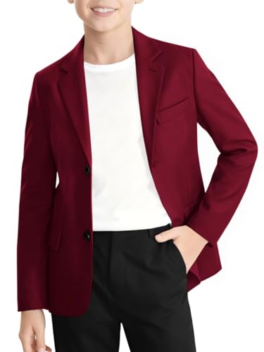 Image of Haloumoning Boys Blazer Kids Lapel Button Down Suit Jacket Sport Coat with Pockets 5-14 Years Wine Red
