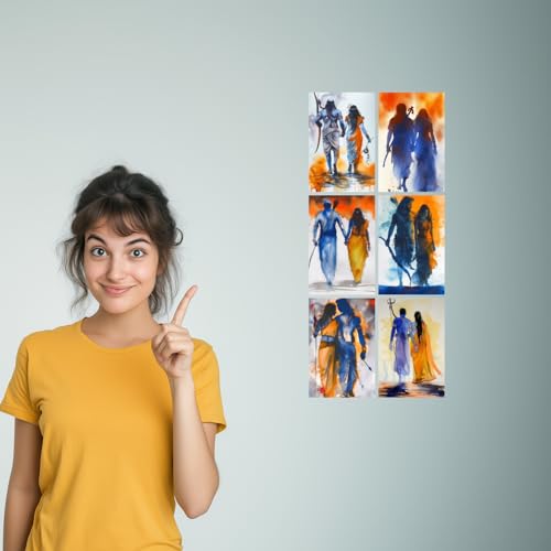 Image of SiddArtify Ramayana Watercolor Art Print Set - Blue - Orange - Gold - Set of 2-4x6 Inch - Board (Pack of 6) - Sticker (Pack of 6) Wall Room Decoration art Poster Prints