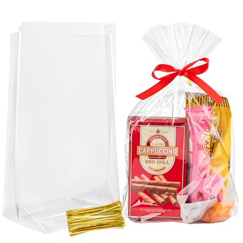 Ohuimrt 100 Pack 8 x 11 x 3 Inch Bottom Gusset Cellophane Bags, Clear Treat Bags Plastic Goodie Gift Packaging with Ties for Popcorn, Candies, Snacks, Party Favors, Cookies
