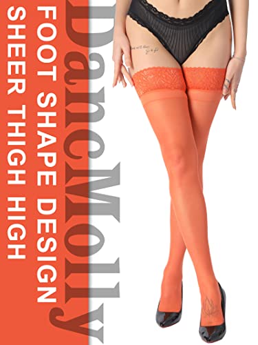Image of DancMolly Silky Thigh High Stockings, with 17+ Colors Sheer Silicone Lace Top Pantyhose for Women
