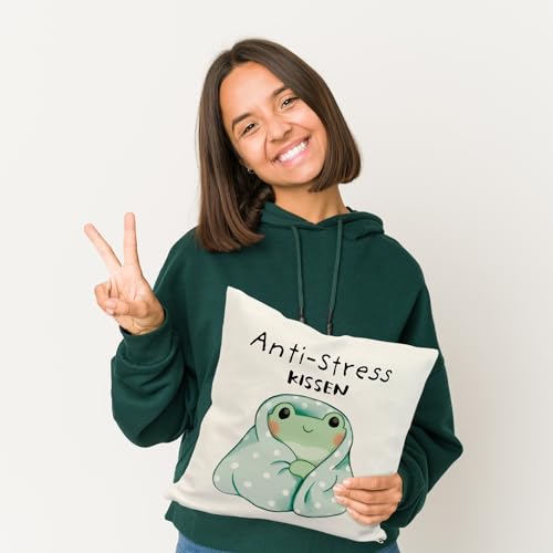 speecheese Frosch in Blauer Decke Kissen mit Spruch Anti-Stress Kissen Entspannendes DekoKissen im Kawaii Design - Süßes Relax Bettzubehör für Anti-Stress Entspannung