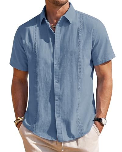 Chemise en lin bleu manches courtes homme vêtement été léger taille L