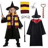Suaflny Disfraz de Mago para Niño, Disfraz Mago Niño Niña,Mago Disfraz para Niños con Sombrero Gafas Bufanda Varita Mágica, Mago College Cosplay, DISFRAZ de Cosplay para Carnaval (Rojo, 135cm)