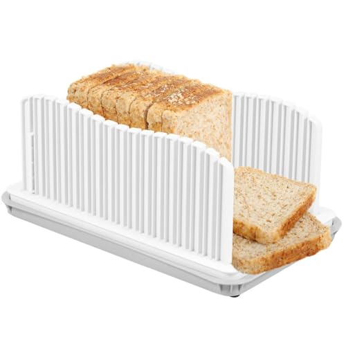 Bread Slicer for Homemade Bread, Width Adjustable Toast Slicer with Crumb Tray New Upgrade Bread Slicing Guide Foldable and Compact Bread Cutting Tool for Sourdough/Cakes/Bagels (Bread Slicer)